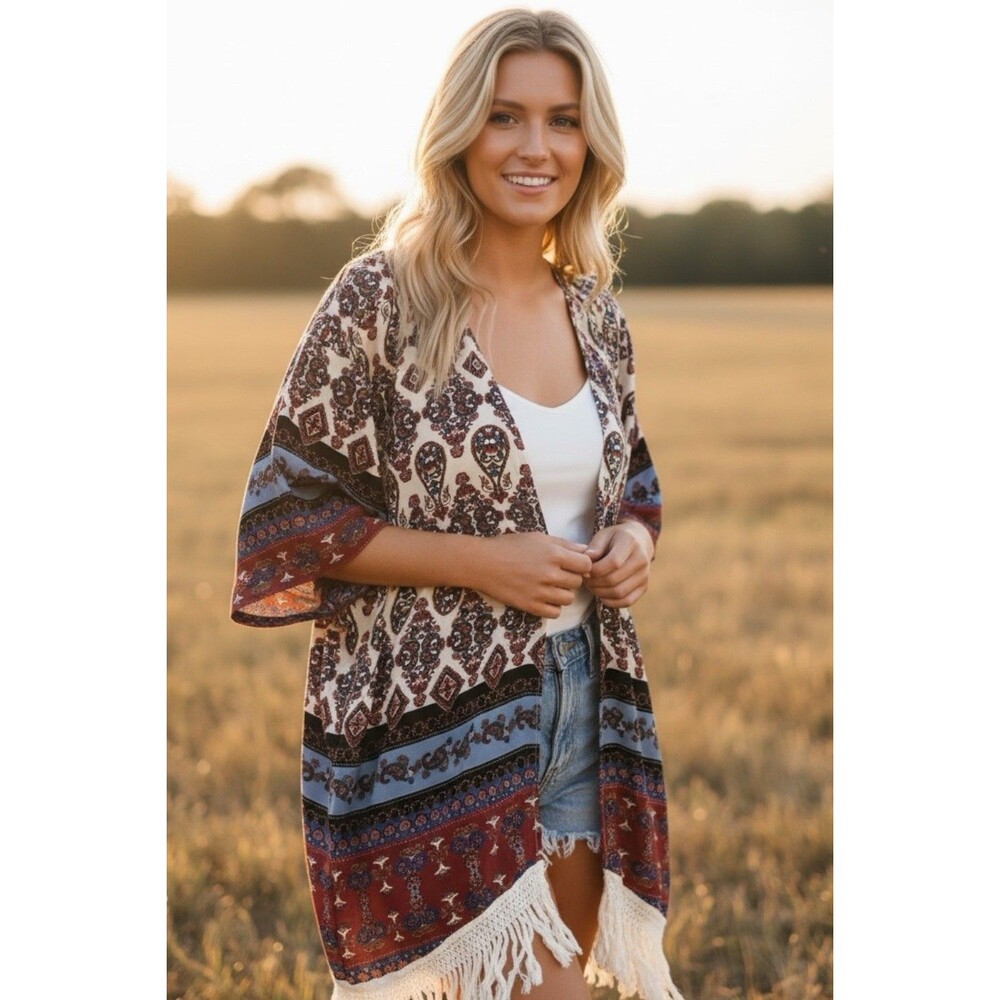 Umgee Kimono Cover Up Maroon Black Multi Paisley Fringe Hem Size M/L Boho Hippie